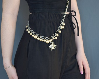 Large Chain One Shoulder Long Body Jewelry with Bug Charm and Pearls