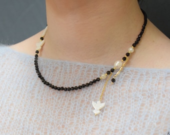 Black Spinel Choker Necklace with Pearl Bird Pendant Minimalist Jewelry Gift for Girl