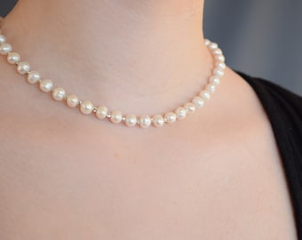 Freshwater Pearl Choker Necklace on Black/Red Ribbon Everyday Jewelry