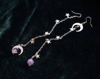 Amethyst moon star earrings in boho celestial style with natural gemstones long silver dangle earrings gift for her