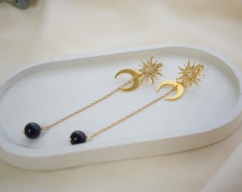 Aventurin Lange Kette Ohrringe Sonne und Mond Goldene Schmuck für Mädchen und Frauen Geschenk