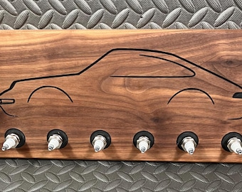 Carved Sports Car Key Holder, Walnut Coat Rack with Spark Plugs