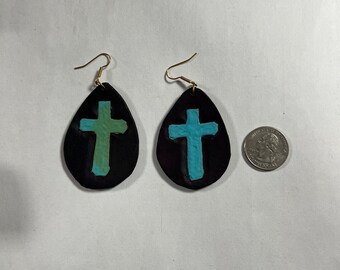 Teal Cross Leather Earrings