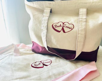 Embroidered Book Lover Canvas Tote Bag - Pink or Maroon - Zipper Top - Valentines gift