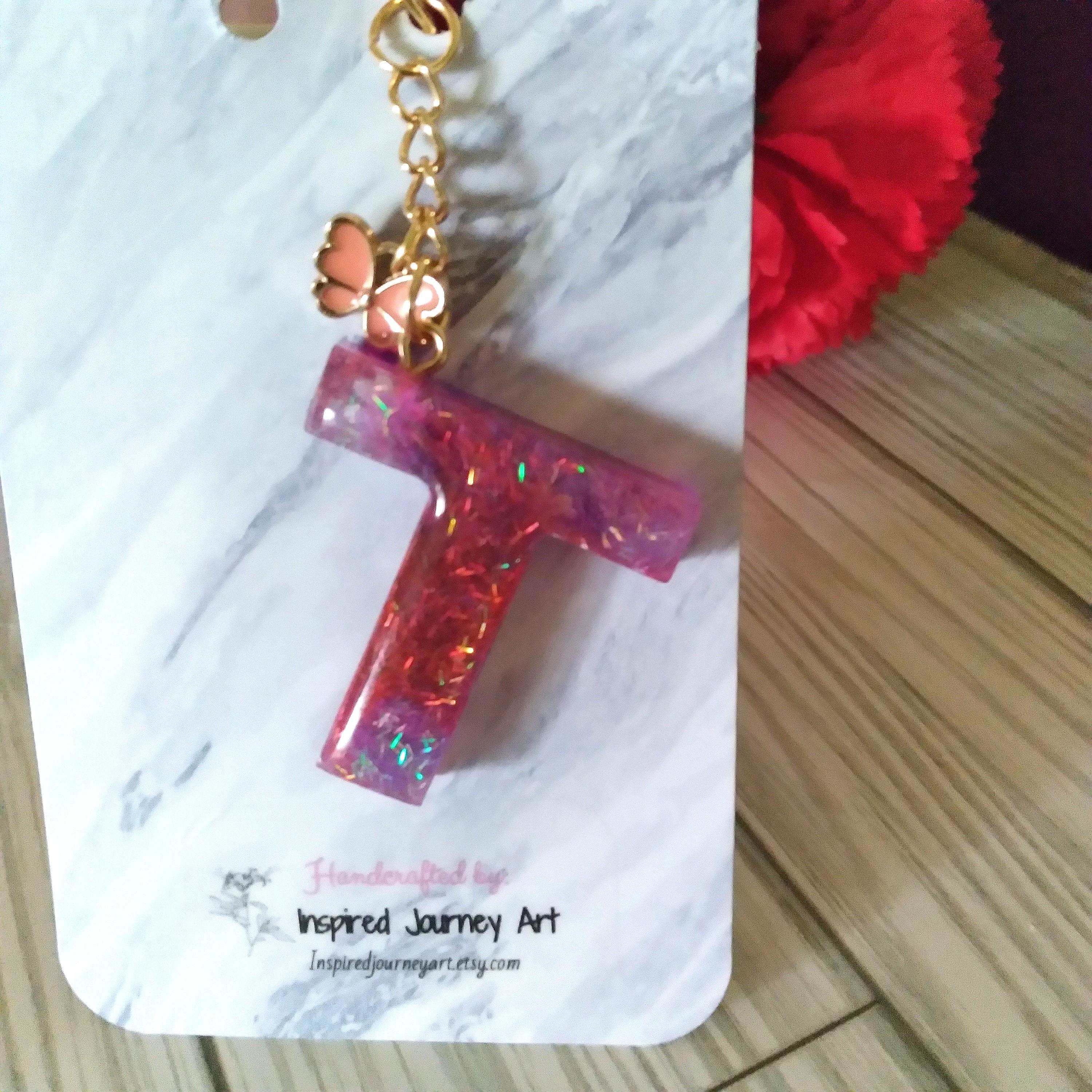 Purple and Pink Resin Alphabet Keychain: Custom Initial T - Etsy