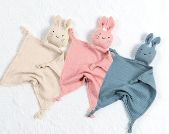 Personalized cotton gauze rabbit comforter – Baby birth gift with flocked first name