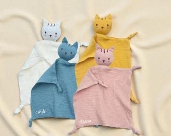 Baumwollgaze Katzenschnuller – Baby Geburtsgeschenk – Personalisierbar mit Vornamen