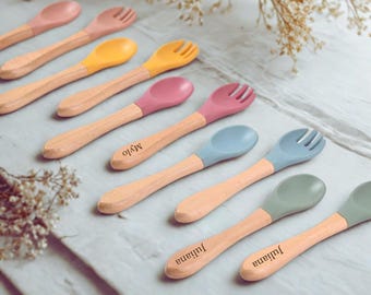 Personalized baby cutlery / Wooden fork and spoon / Personalized children's cutlery / Birth and birthday gift