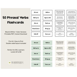 50 Essential Phrasal Verbs Flashcards – ESL Printable for English Learners – Study Cards PDF – Vocabulary – Instant Download – Color and B&W