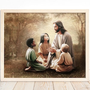Afdrukbare muurkunst, christelijke kunst, Jezus onderwijst kinderen, Jezus kunst aan de muur, cadeau voor haar, Jezus en kinderen, Jezus met kinderen, diversiteit