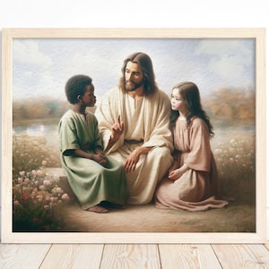 Afdrukbare muurkunst, christelijke kunst, Jezus onderwijst kinderen, Jezus kunst aan de muur, cadeau voor haar, Jezus en kinderen, Jezus met kinderen, diversiteit