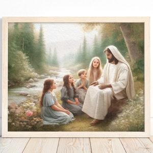 Jezus onderwijst kinderen, digitale kunst, LDS-kunst, kunst aan de muur Jezus, Bijbelkunst, Jezus en kinderen, Jezus met kinderen, christelijke schilderkunst, liefde