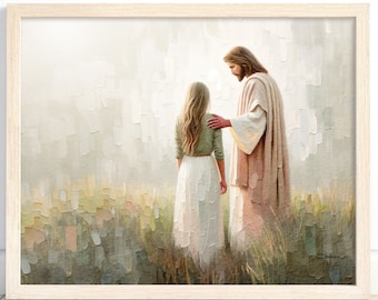 Printable wall art, LDS Art, Christian art, Jesus walking with girl, Jesus wall art, comforting, teaching, young woman, Love, comfort, Jesus