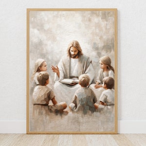 Painting of Jesus Teaching the Children – Christian Wall Art, Inspirational Religious Artwork, Faith Home Decor, Jesus with children