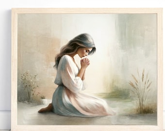 Young Woman Praying, , Modern Christian wall art, Pray without ceasing,religious home decor, Prayer wall art, Chistian painting,gift for her