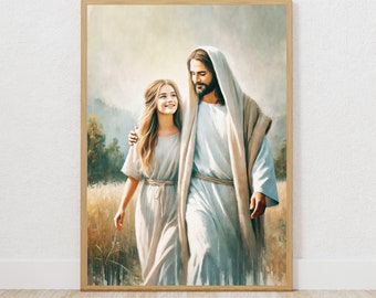 Walk with Me,  Christian wall art, Jesus walking with girl, Jesus painting, Bible art, young woman gift, Gospel art, LDS Art, digital print