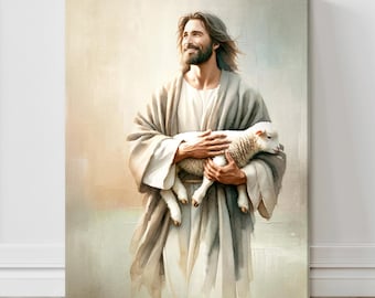 Jesus Holding Sheep Painting: Christian Art, Good Shepherd (Digital Download)