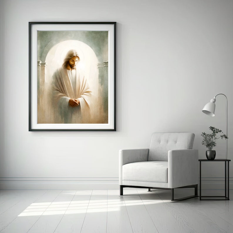 May include: A framed painting of a man in a white robe standing in a doorway with a soft light behind him.