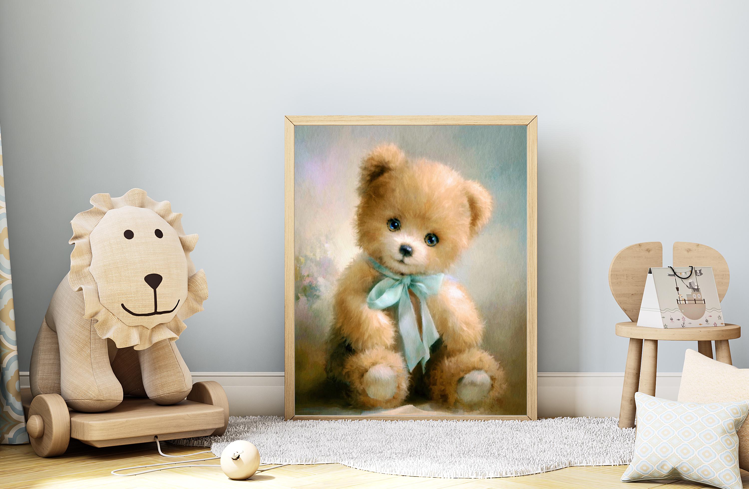 Vintage Teddy Bear Painting, Nursery Wall Art, Whimsical Bear
