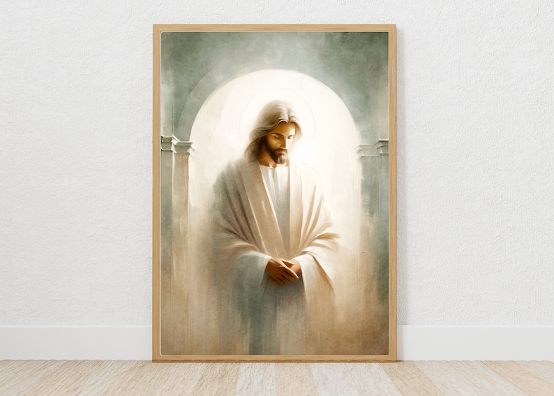 May include: A painting of a man in a white robe standing in a doorway with a soft, glowing light behind him.