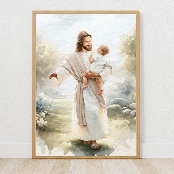 Printable wall art, LDS Art, Christian art, nursery print, Jesus holding baby, Christ happy, Jesus painting with child, miscarraige,