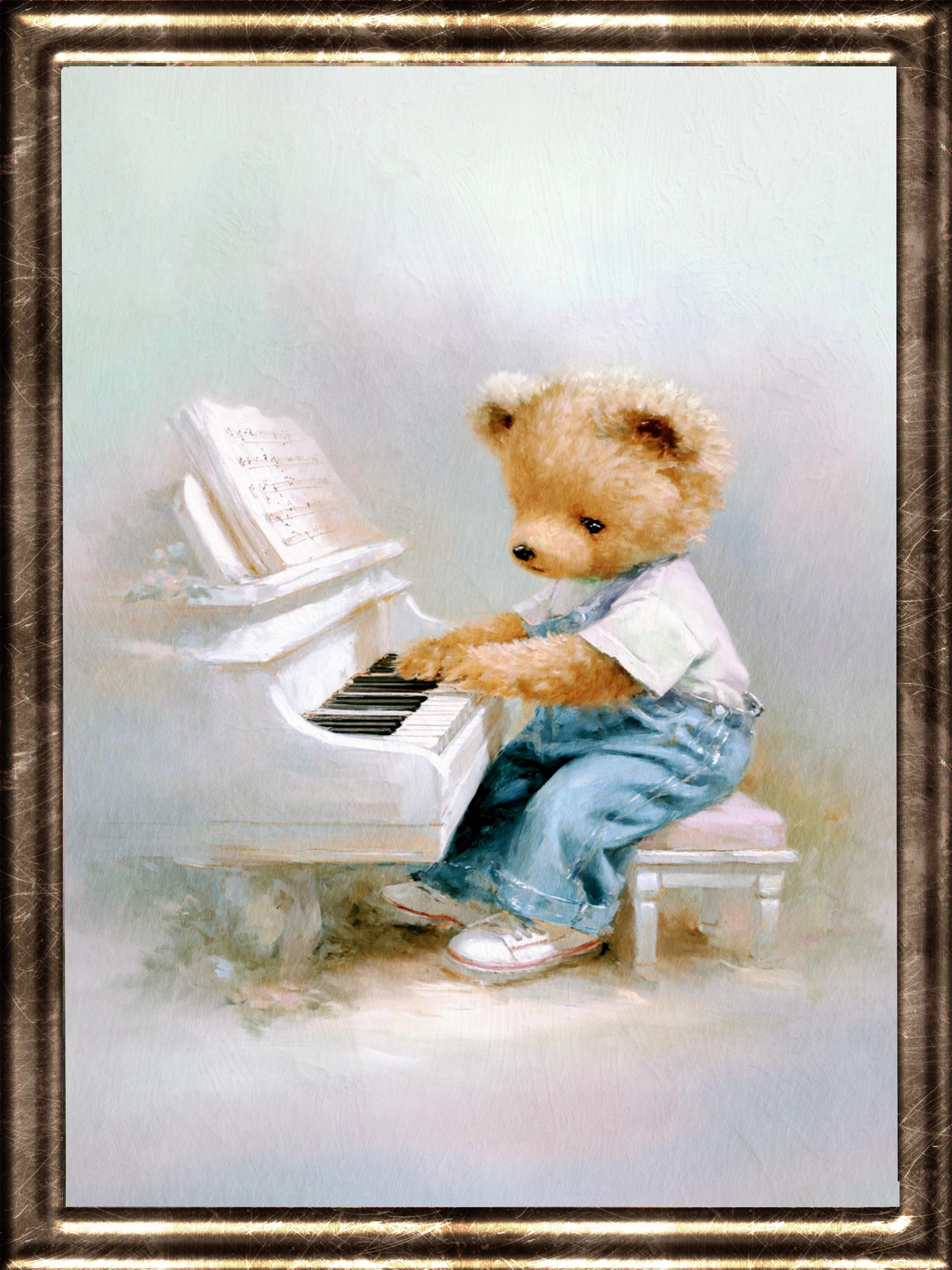 ピアノを弾くテディベアの絵画：音楽愛好家のための気まぐれな保育園