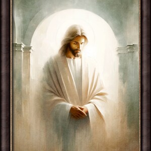 May include: A painting of a man in a white robe, standing in a doorway with a light shining behind him.