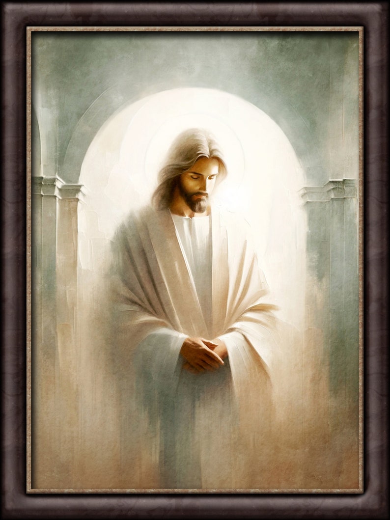 May include: A painting of a man in a white robe, standing in a doorway with a light shining behind him.