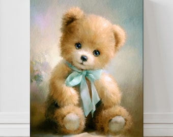 Vintage Teddy Bear Painting, Nursery Wall Art, Whimsical Bear Artwork, Kids Room Decor