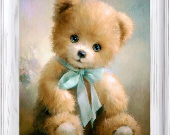 Vintage Teddy Bear Painting, Nursery Wall Art, Whimsical Bear