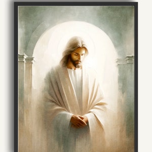 May include: A painting of a man with long brown hair and a beard, wearing a white robe. He is standing in a doorway with a bright light behind him. The background is a soft, muted green.