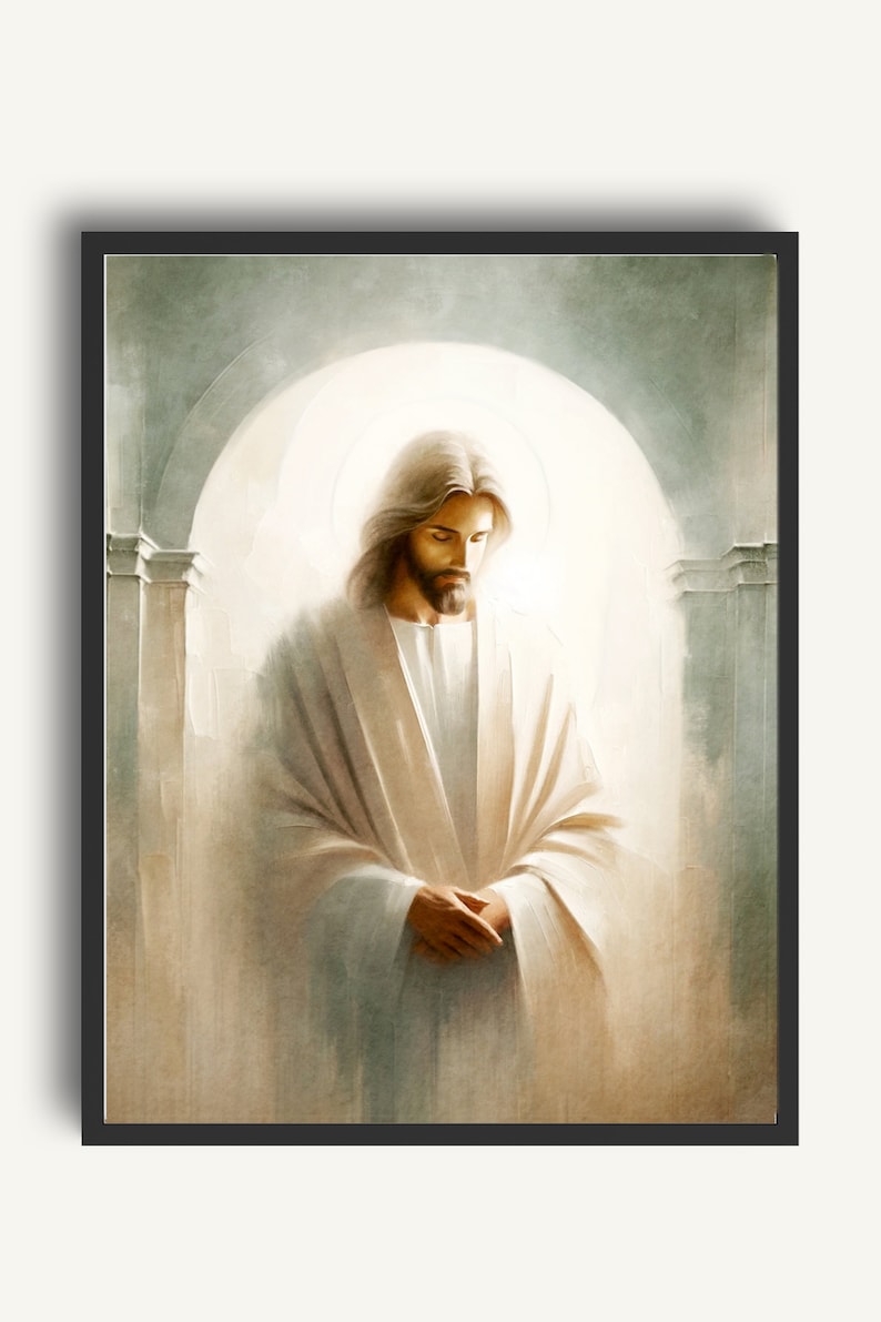 May include: A painting of a man with long brown hair and a beard, wearing a white robe. He is standing in a doorway with a bright light behind him. The background is a soft, muted green.