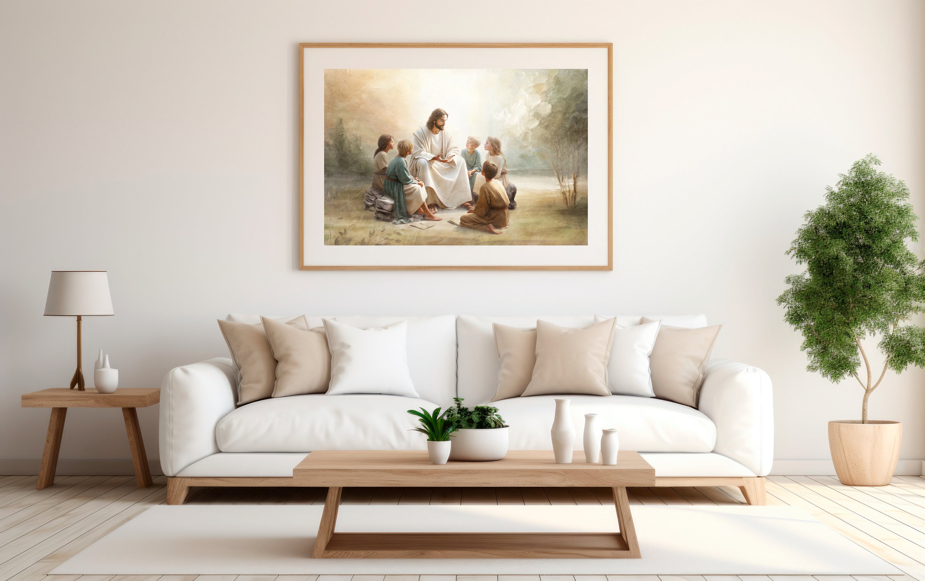 Stampa Artistica Su Tela Con Versetto Biblico – Gesù Ama I Bambini – Decorazione Parete Per Cameretta, Aula, Regalo Cristiano (38x28 Cm)