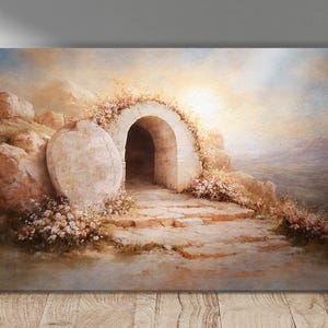 Er ist auferstanden Kunstwerk, Jesus leeres Grab Gemälde, christliche Auferstehung Wandkunst, Osterglaubensdekor, religiöses Hausgeschenk, biblische Szene