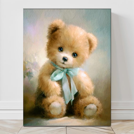 Vintage Teddy Bear Painting, Nursery Wall Art, Whimsical Bear