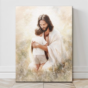 Jesus Hugging Boy Painting, Christian Wall Art, Faith Based Decor, Religious Canvas Print, Jesus and Child, Spiritual Gift, child&#39;s room art
