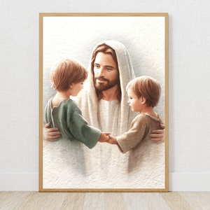 Jesus Talking with Boys Watercolor, Christian Wall Art, Faith Kids Room Decor, Jesus and Children Print, Bible Story Painting, Gift for Boys