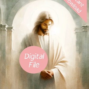May include: A digital painting of Jesus Christ in a white robe, standing in a doorway with a bright light behind him. The image is in a soft, muted colour palette.
