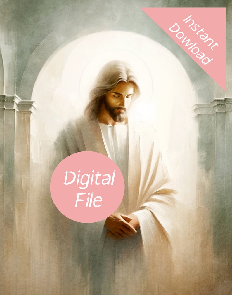 May include: A digital painting of Jesus Christ in a white robe, standing in a doorway with a bright light behind him. The image is in a soft, muted colour palette.