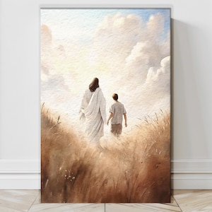 Jesus Walking with Boy Painting, Christian Wall Art, Religious Boys Room Decor, Jesus and Child Print, Faith Gift for Son, Bible Art