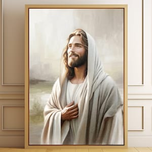 K&ouml;nnte beinhalten: Ein Gem&auml;lde von Jesus Christus mit einem sanften L&auml;cheln, der nach oben und nach rechts blickt. Er tr&auml;gt eine wei&szlig;e Robe mit Kapuze und hat langes braunes Haar und einen Bart. Der Hintergrund ist eine weiche, verschwommene Landschaft mit einem Hauch von blauem Himmel.