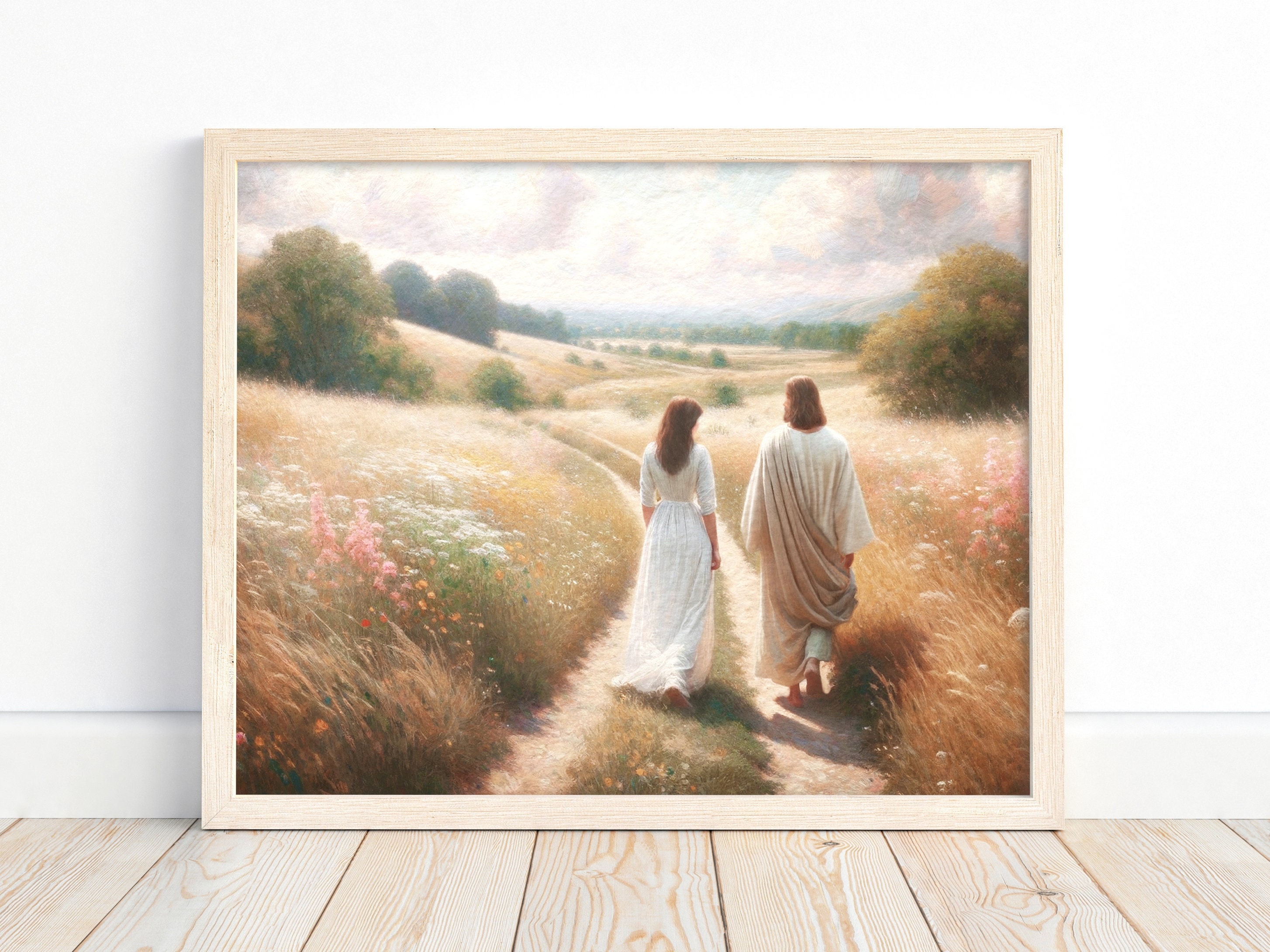 Walk with Me,  Christian wall art, Jesus walking with girl, Jesus painting, Bible art, young woman gift, Gospel art, LDS Art, digital print