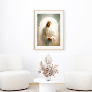 May include: A framed painting of a man in a white robe standing in a doorway with a soft, ethereal glow behind him.