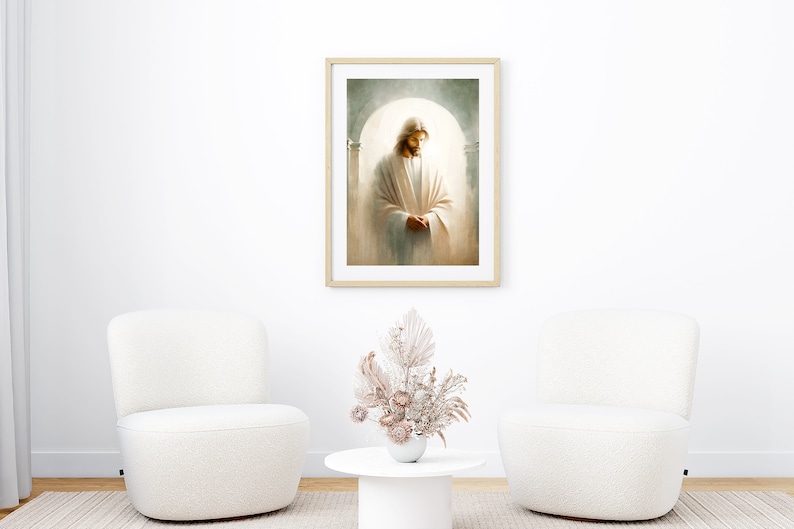 May include: A framed painting of a man in a white robe standing in a doorway with a soft, ethereal glow behind him.