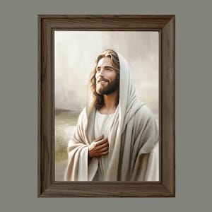 K&ouml;nnte beinhalten: Ein gerahmtes Gem&auml;lde von Jesus Christus, dargestellt mit langen braunen Haaren und einem Bart, der eine wei&szlig;e Robe tr&auml;gt. Er blickt nach oben und l&auml;chelt, mit einem sanften, warmen Licht hinter ihm.