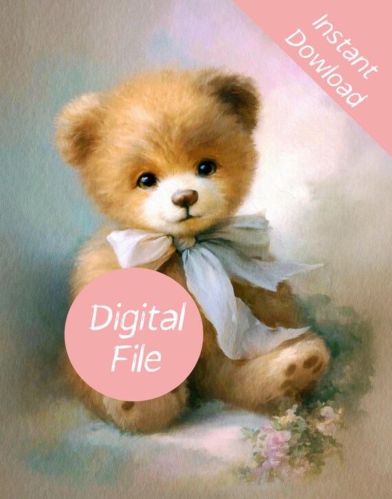 Vintage Teddy Bear Painting, Nursery Wall Art, Whimsical Bear