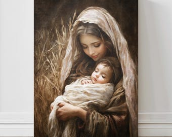 聖母マリアと眠る幼子イエスのカトリックキャンバス壁アート、キリスト