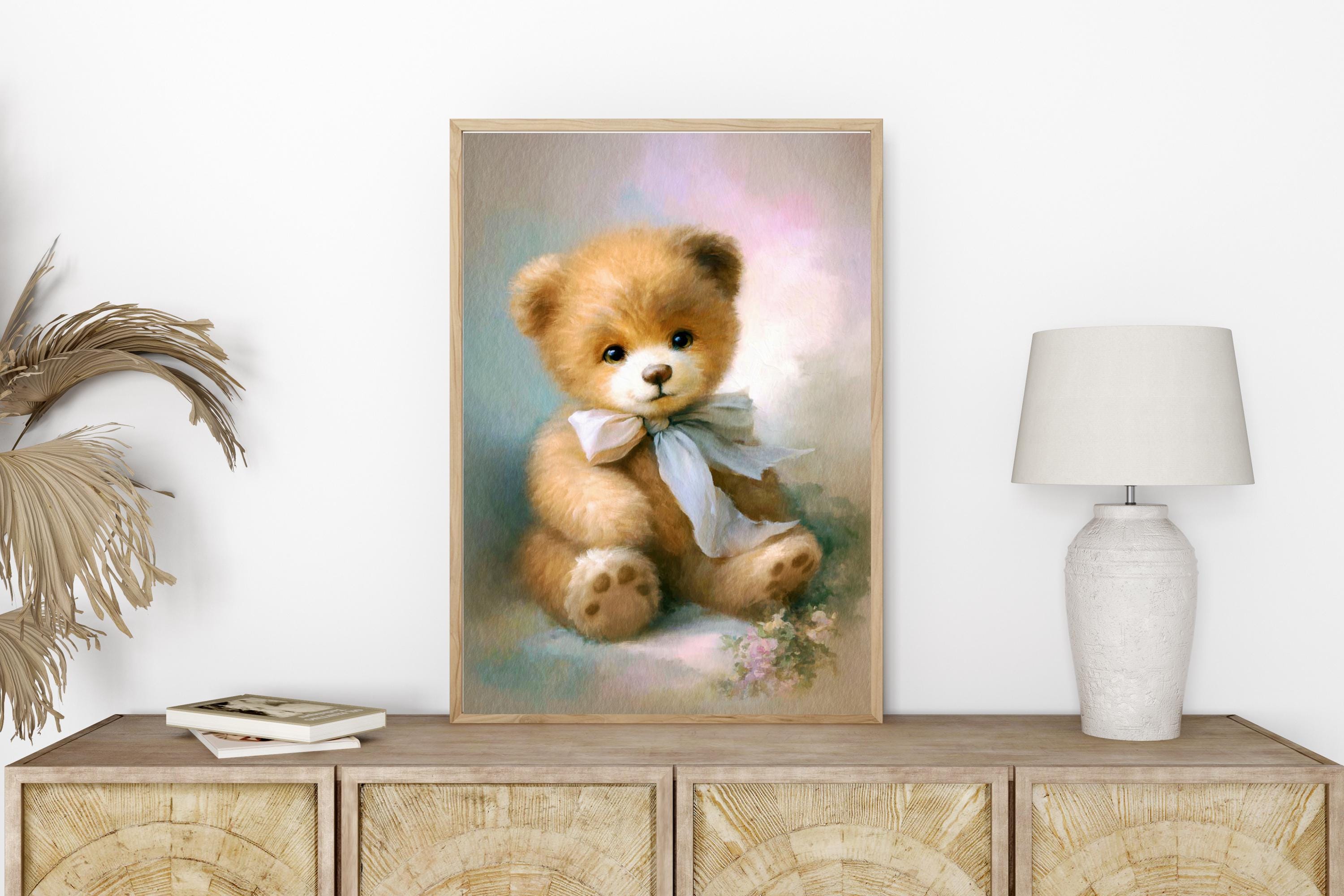 Vintage Teddy Bear Painting, Nursery Wall Art, Whimsical Bear