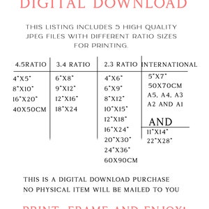 K&ouml;nnte beinhalten: Eine digitale Download-Liste f&uuml;r druckbare Kunstdrucke. Die Liste enth&auml;lt f&uuml;nf verschiedene Seitenverh&auml;ltnisse zum Drucken, darunter 4,5, 3,4, 2,3 und internationale Gr&ouml;&szlig;en. Die Gr&ouml;&szlig;en sind in Zoll und Zentimetern angegeben.