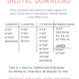 May include: A digital download listing for printable images in five different aspect ratios. The image shows a table with the different sizes listed in inches and centimetres.
